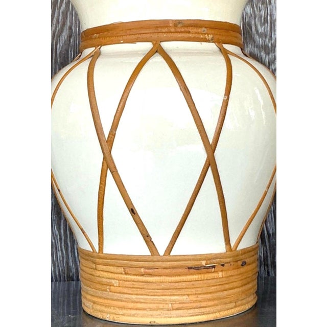 Vintage Ceramic and Rattan Table Lamps - Pair For Sale - Image 11 of 14