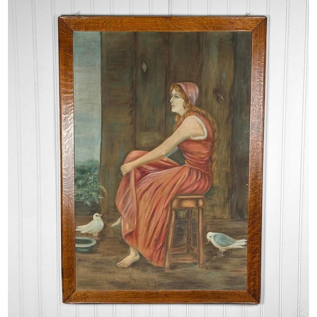 Victorian Antique Realism "Women in Pink Dress W/ Forest Doves" Oil on Canvas Painting For Sale - Image 3 of 16