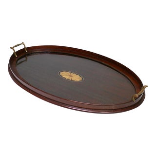 Antique English Mahogany Inlaid Edwardian Serving or Tea Tray With Brass Handles For Sale