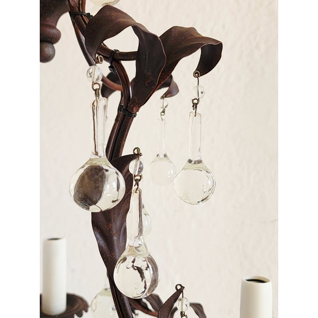 1950s French Style Wrought Iron & Tole Chandelier With Crystals For Sale - Image 10 of 11