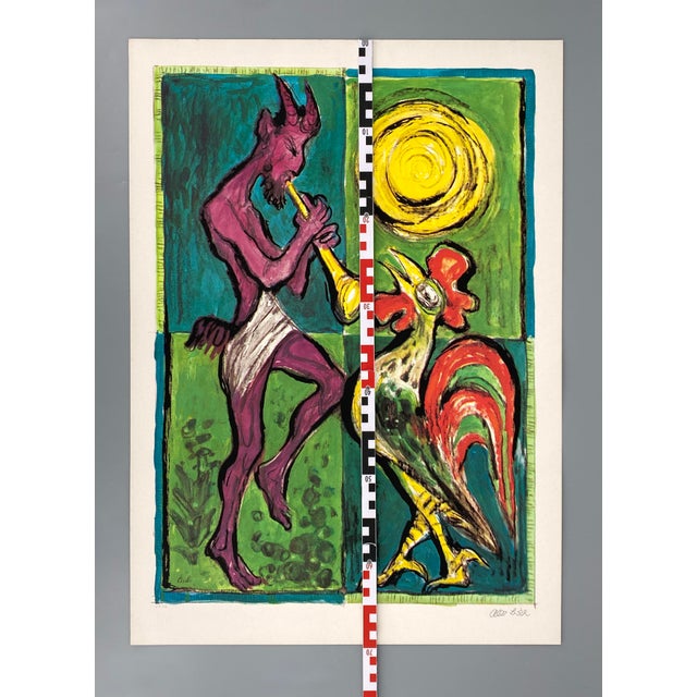 Yellow Albert Birkle, Faun with Rooster, 1980s, Screenprint and Offset Print on Paper For Sale - Image 8 of 11