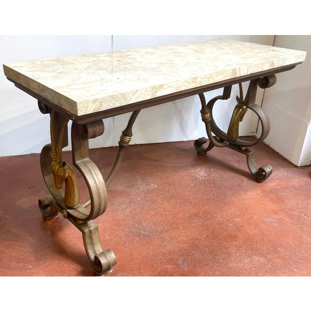 Hollywood Regency Wrought Iron and Tessellated Stone Console Attributed to Maitland-Smith, circa 1980s A Hollywood Regency...