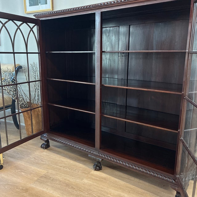 Antique Gothic Style Claw Foot Mahogany Bookcase China Cabinet For Sale - Image 4 of 12