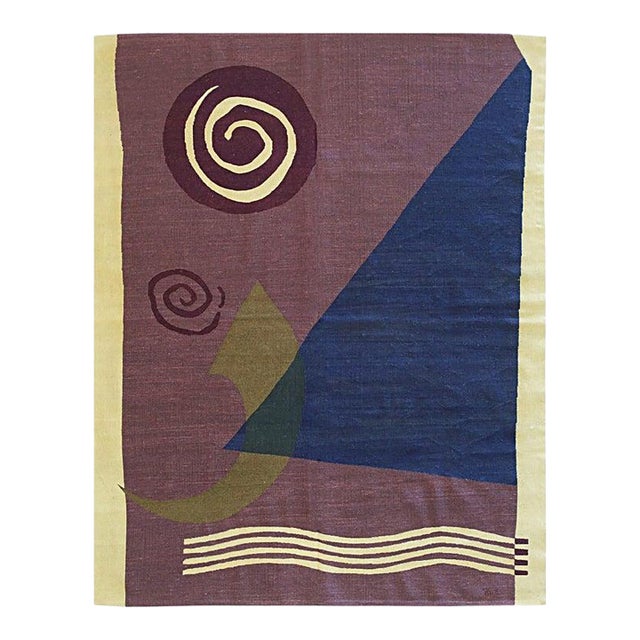 6x8 Purple Flat Weave Wool Geometric Abstraction Vintage Mid Century Carpet Rug For Sale