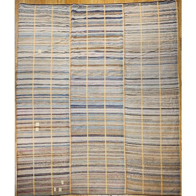 19th Century American Amish Rag Rug, Handwoven Folk Art, Stripe Pattern, Tan & Pale Blue, 10’ X 14’ For Sale - Image 4 of 12