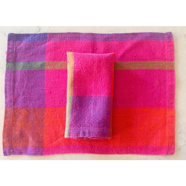 Contemporary 1980s Raspberry Pink Madras Plaid Dinner Napkins, Set of 12 For Sale - Image 3 of 10