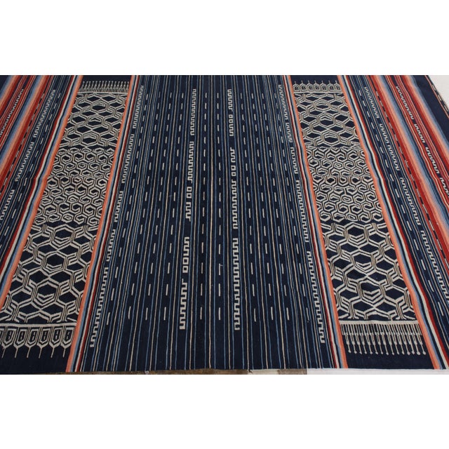 Art Deco Modern Flat Weave Rug in Blue and Red Striped Kilim Rug Design For Sale - Image 3 of 6
