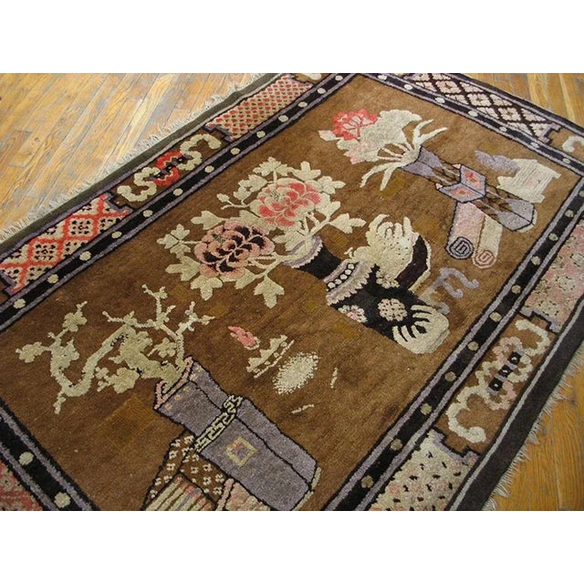 Chinese 1920s Brown Floral Vase Antique Chinese Bao Tou Rug 4' 2'' X 6' 6'' Knotted Wool Carpet For Sale - Image 3 of 9