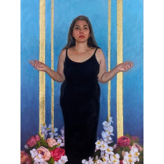 Bring Forth Miracles by Aixa Oliveras | Oil and 24kt gold leaf on panel Woman in black dress surrounded by flowers. For Sale