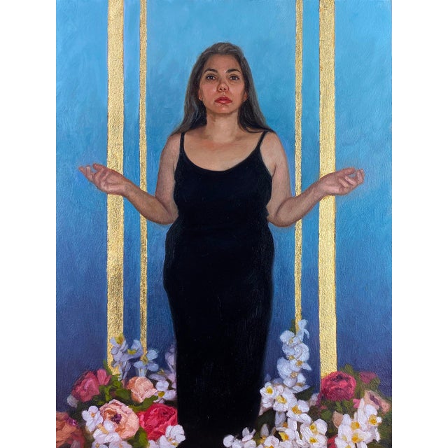 Bring Forth Miracles by Aixa Oliveras | Oil and 24kt gold leaf on panel Woman in black dress surrounded by flowers. For Sale