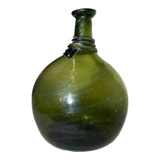 Antique 18th Century Hand Blown Middle Eastern Green Saddle Flask Bottle Jar For Sale