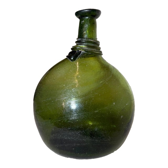 Antique 18th Century Hand Blown Middle Eastern Green Saddle Flask Bottle Jar For Sale