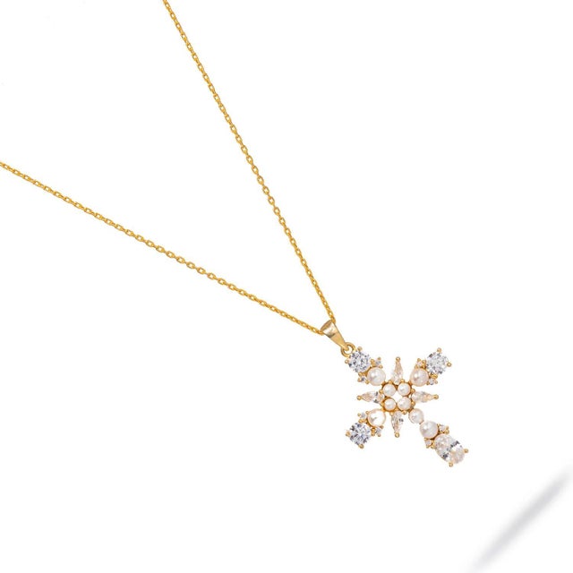 Early 21st Century Divine Pearl & Diamond Cross Gold Chain Necklace For Sale - Image 5 of 10