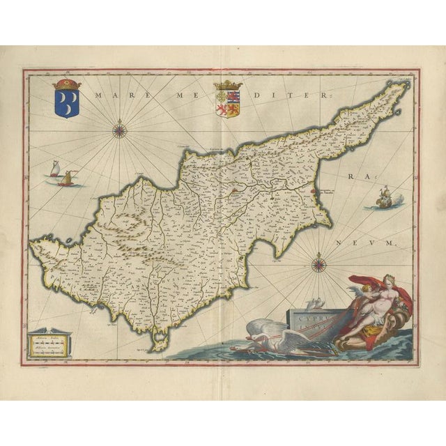 Cyprus Map with Mythological Cartouche from Blaeu, 1642 For Sale - Image 3 of 10