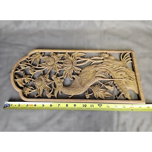 1970s Vintage Phoenix Peony Chinese Relief Carved Wood Panel Wall Sculpture For Sale - Image 10 of 11