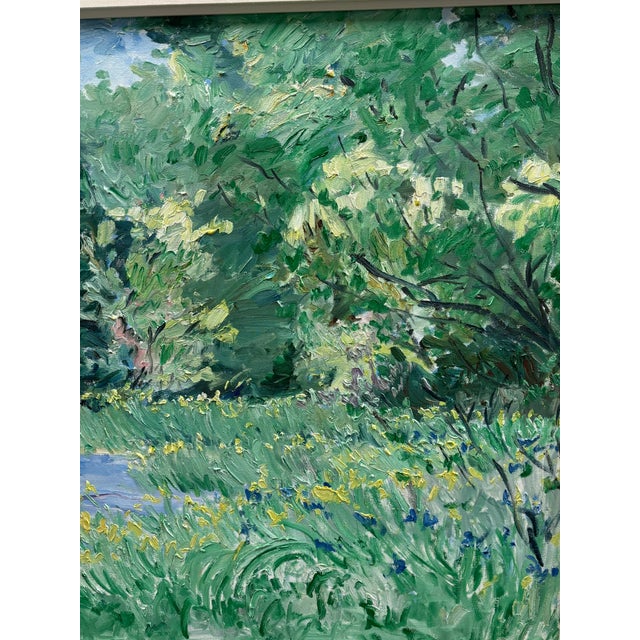 1990s Bruce Steinhoff Original Oil Painting Flowers and Trees Munzars Pond, 1996 - Framed For Sale - Image 5 of 14