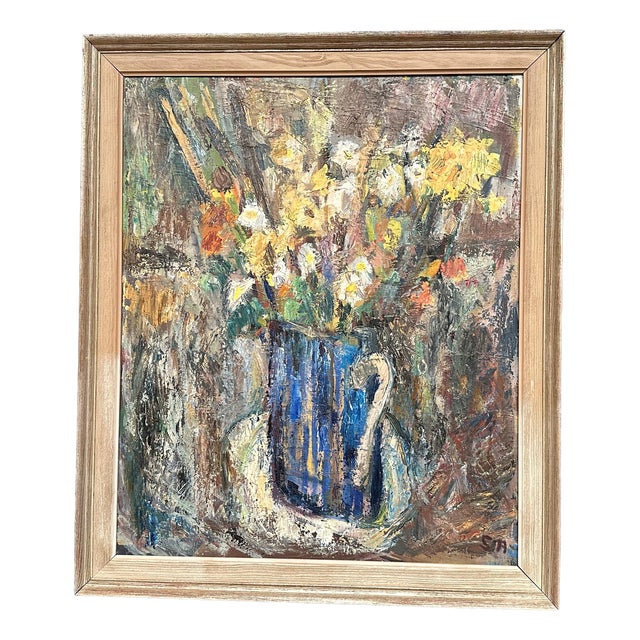 Sven Age, Flowers in Blue Vase, 1950s, Oil on Panel, Framed For Sale
