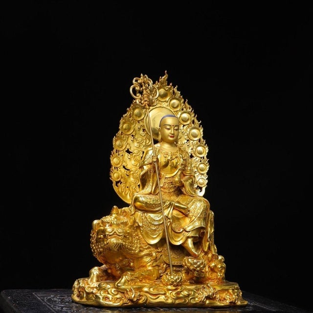This is an exquisite antique gilt bronze sculpture of Ksitigarbha Bodhisattva, a revered figure in Buddhism known for his...