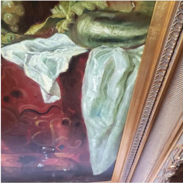 Large 40"x50" Late 19th Century Oil on Canvas Still Life, Ornate Frame, Signed For Sale - Image 9 of 11