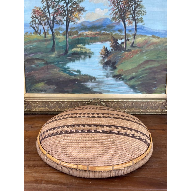 Vintage Likely Early 20th Century Native American Mission Basketry Bowl With Stepped Geometric Pattern. For Sale - Image 9 of 10