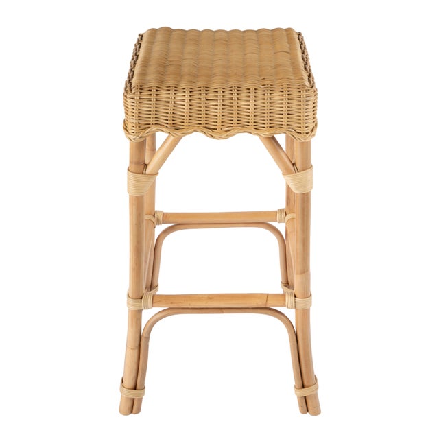 2020s Flora 30.25 in. Seat Height Square Rattan Scalloped Backless Bar Stool, Natural Rattan For Sale - Image 5 of 8