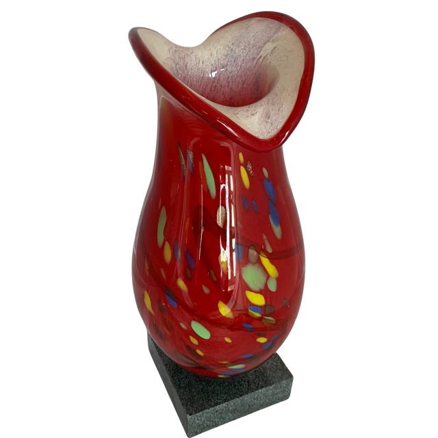Late 20th Century Murano Art Glass Red Polychrome Oval Patterned Clam Shaped Lip Vase For Sale - Image 5 of 12