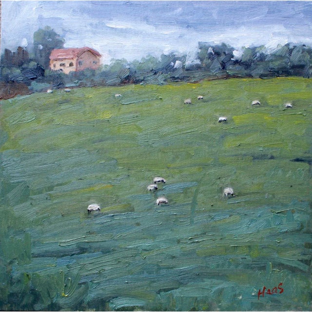 "Grazing Sheep on a Hillside" Contemporary Landscape Oil Painting For Sale - Image 9 of 13