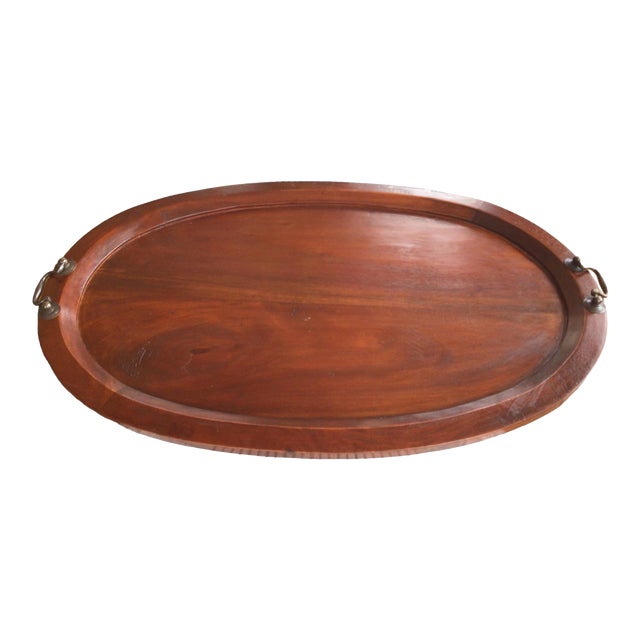 Antique Oval Hand Carved Wood Mahogany Tray With Brass Handles For Sale