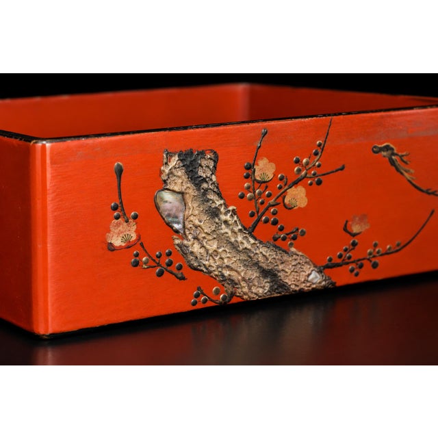 Japanese Antique Red Lacquered Snack Keepsake Box Hand Painted 2-Tier For Sale - Image 9 of 17