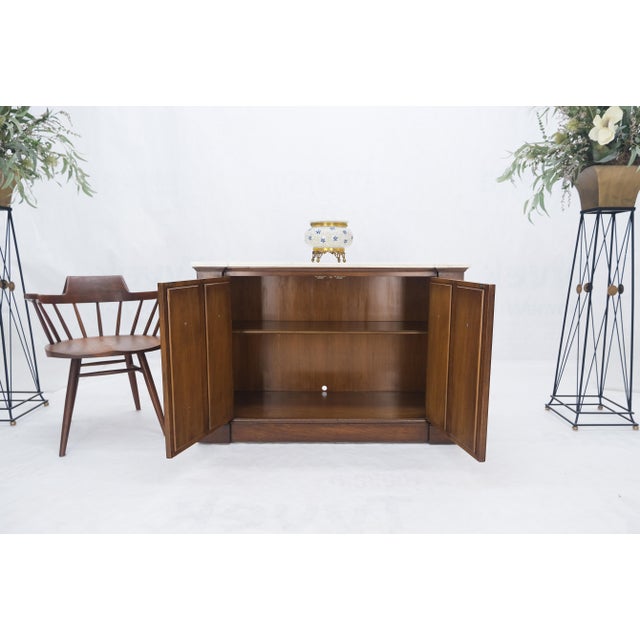 Marble Top Round Brass Ring Drop Pulls Hardware Burl Wood Double Door Credenza For Sale - Image 6 of 12