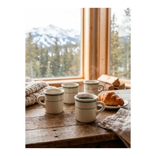 Vintage Homer Laughlin Best China Restaurant Coffee Mugs, Classic American Diner Ware, Green Stripe - Set of 4 For Sale