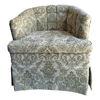 Mid-Century Tufted Olive Damask Barrel Back Chair For Sale
