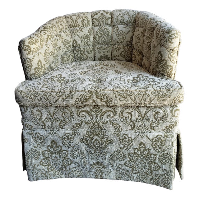 Mid-Century Tufted Olive Damask Barrel Back Chair With Brass Cap Legs For Sale
