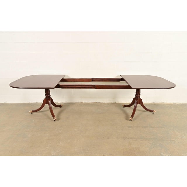 Baker Furniture Style Georgian Banded Mahogany Double Pedestal Extension Dining Table, Newly Refinished For Sale In South Bend - Image 6 of 14