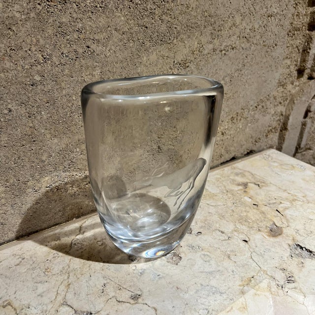 Strombergshyttan 1970s Strombergshyttan Crystal Art Glass Vase Etched Deer For Sale - Image 4 of 12