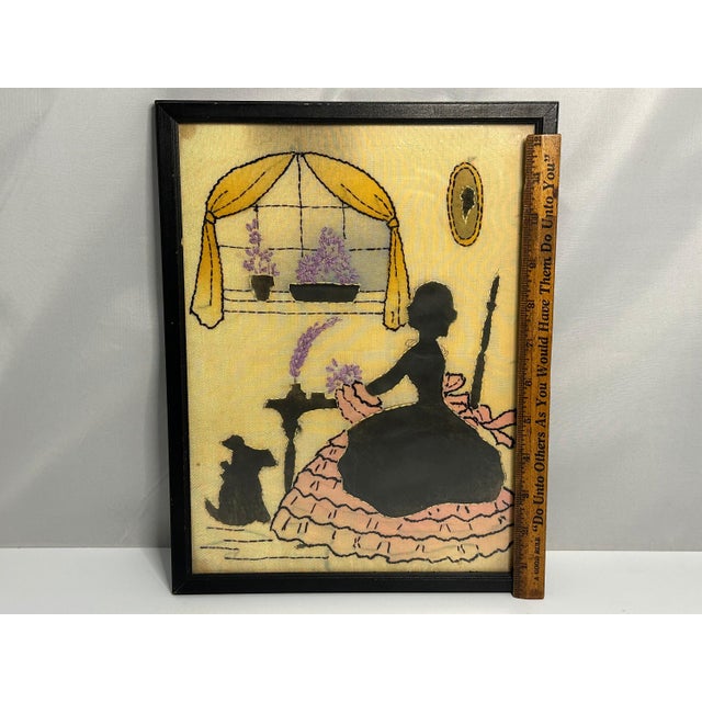 Mid 20th Century Mid 20th Century Folk Art Silk Embroidery Picture: Woman & Dog Silhouette in Frame For Sale - Image 5 of 6