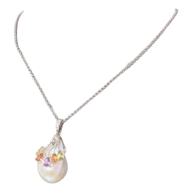 Diamond Sapphire FW Pearl Necklace 14k Gold Italy Certified For Sale