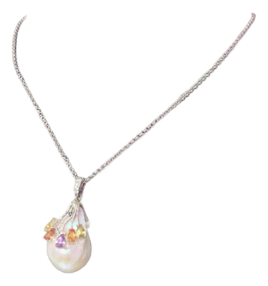 Diamond Sapphire FW Pearl Necklace 14k Gold Italy Certified