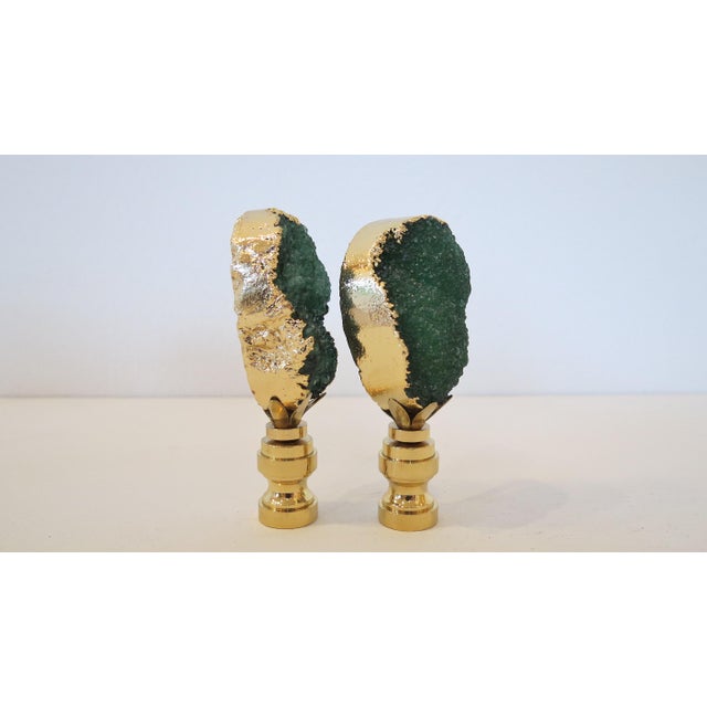 Contemporary Emerald Green Geode & 14kt Gold Finials - A Pair For Sale - Image 3 of 3