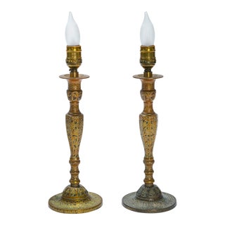Early 20th Century Etched Brass Candlestick Lamps - a Pair For Sale