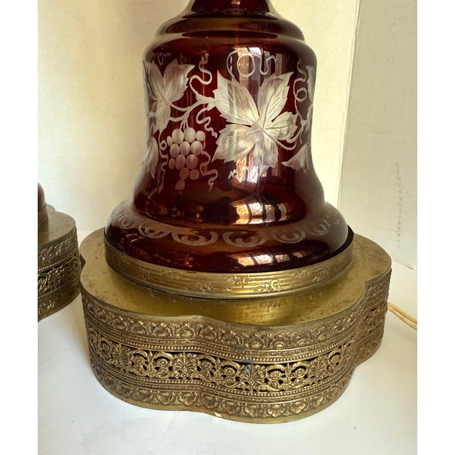Pair of Mid-Century Ruby Cut-To-Clear Glass Bohemian Lamps For Sale - Image 11 of 12