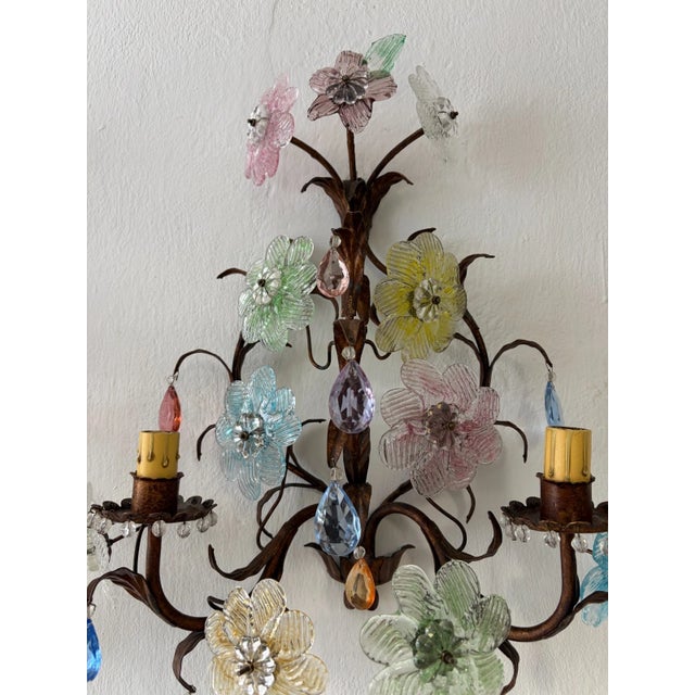 Italian Murano Multicolor Prisms Flowers Gilt Metal Sconces, C 1930 For Sale - Image 9 of 15
