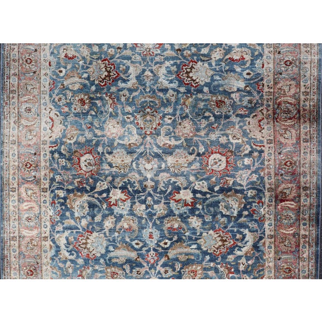 Antique Persian Mashad With Medium in Floral Blue Background, Salmon Border 6'4 X 9'5 For Sale - Image 10 of 16