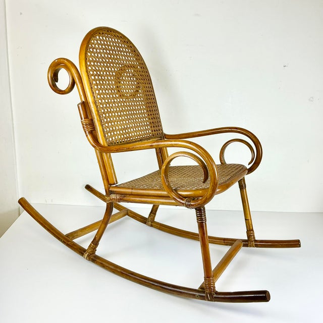 Early 20th Century Early 20th C French Boho Chic Coastal Child-Size Bentwood & Cane Rocking Chair, After Thonet For Sale - Image 5 of 15