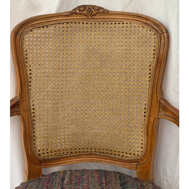 Wood Late 20th Century French Provincial Louis XV Style Cane Back Arm Chair For Sale - Image 7 of 12