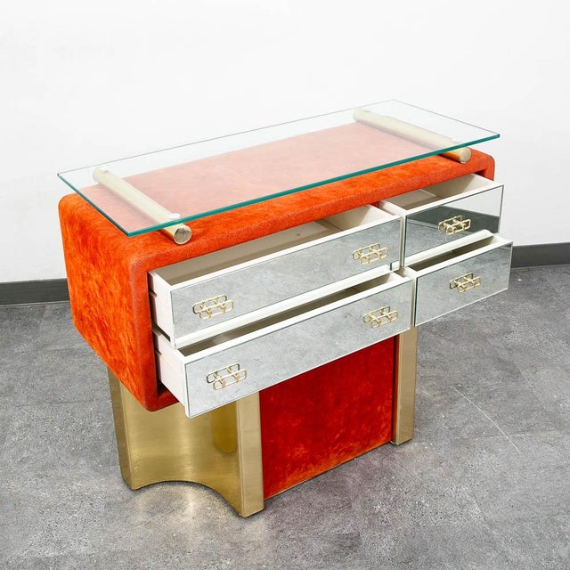 1970s Mid Century Modern Chest Entryway Cabinet Mirrored Glass Orange Velvet Italy For Sale In Sacramento - Image 6 of 11