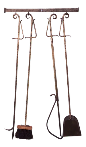 Brutalist-Style Hammered and Painted Iron Fire Tools with Wall-mounted Holder