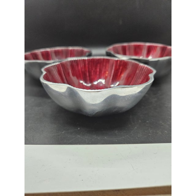 Julia Knight-Esque Peony Petite Bowls, Set of Three, Pomegranate Red Aluminum Hand Crafted India