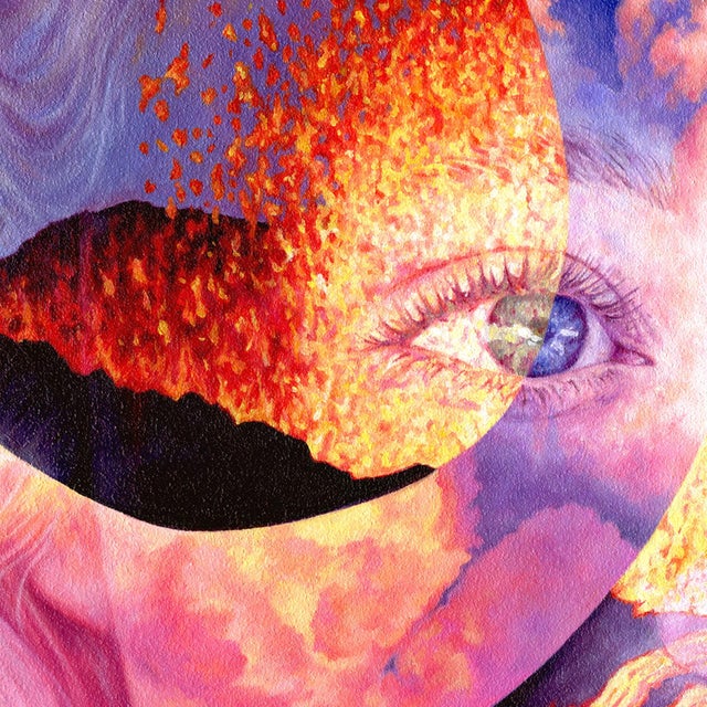 Moment to Moment depicts a striking interplay between human emotion and the raw power of nature, merging a serene visage...