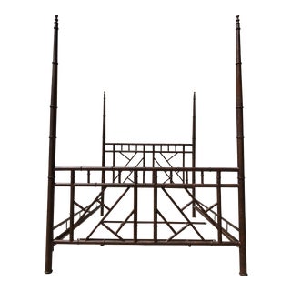 1980s Chinese Chippendale Faux Bamboo Metal Queen Size Bedframe For Sale